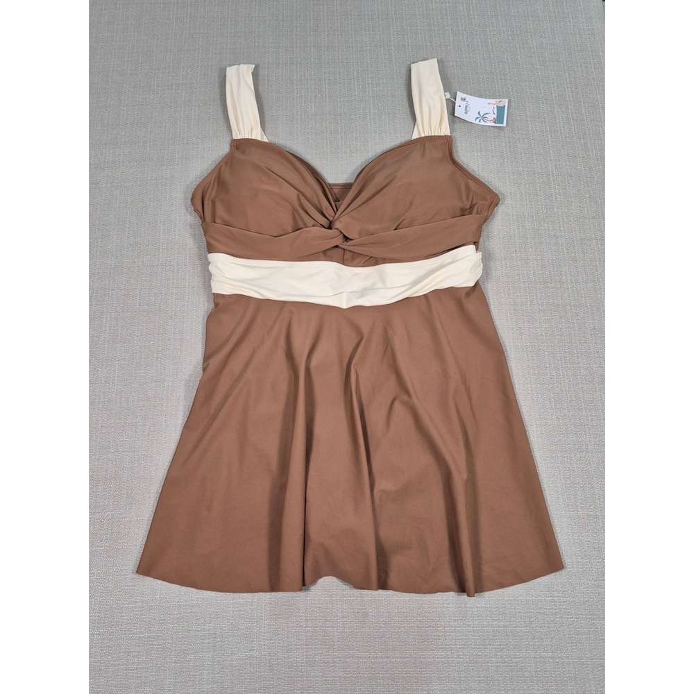 B2PRITY‎ Brown Cream Tummy Control Swimdress One Piece Swimsuit Women 4XL NWT